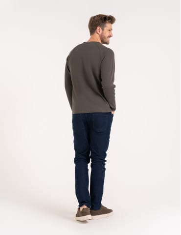 Koszulki i Tank Topy - Koszulka męska longsleeve ze strukturą i okrągłym KHAKI - produkt 4