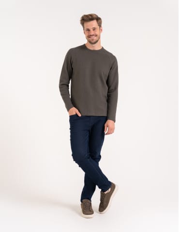 Koszulki i Tank Topy - Koszulka męska longsleeve ze strukturą i okrągłym KHAKI - produkt 5
