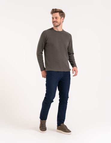 Koszulki i Tank Topy - Koszulka męska longsleeve ze strukturą i okrągłym KHAKI - produkt 6