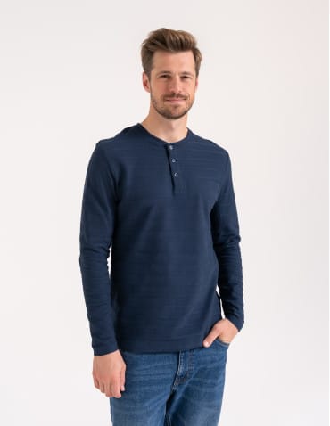 Koszulki i Tank Topy - Koszulka męska longsleeve bawełniany z guzikami GRANATOWY - produkt 2