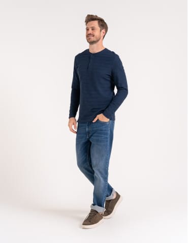 Koszulki i Tank Topy - Koszulka męska longsleeve bawełniany z guzikami GRANATOWY - produkt 4
