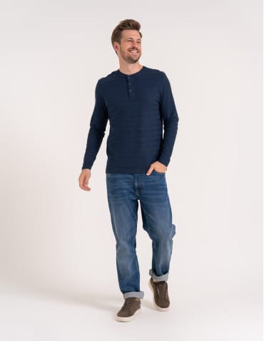 Koszulki i Tank Topy - Koszulka męska longsleeve bawełniany z guzikami GRANATOWY - produkt 5
