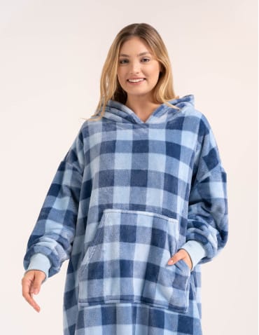 Kocobluzy - Ciepła kocobluza damska oversize z kapturem w kratę NIEBIESKI - produkt 4