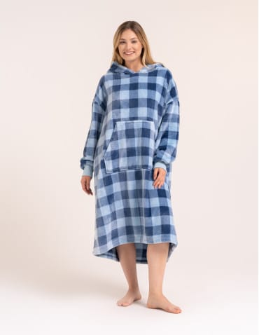Kocobluzy - Ciepła kocobluza damska oversize z kapturem w kratę NIEBIESKI - produkt 3