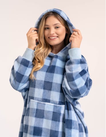 Ciepła kocobluza damska oversize z kapturem w kratę - NIEBIESKI  - produkt 2