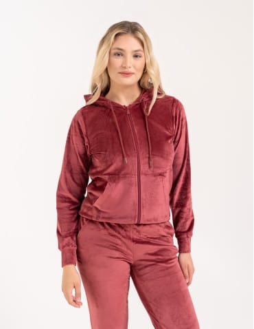 Bluzy dresowe - Bluza damska welurowa rozpinana z kapturem i kieszeniami BORDOWY - produkt 3