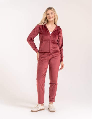 Bluzy dresowe - Bluza damska welurowa rozpinana z kapturem i kieszeniami BORDOWY - produkt 4