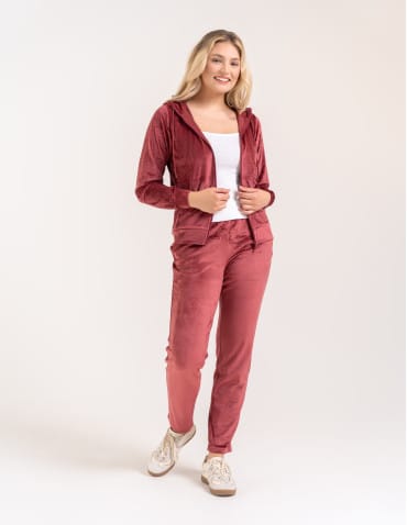 Bluzy dresowe - Bluza damska welurowa rozpinana z kapturem i kieszeniami BORDOWY - produkt 6