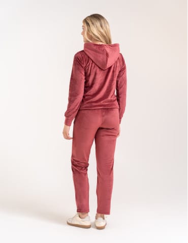 Bluzy dresowe - Bluza damska welurowa rozpinana z kapturem i kieszeniami BORDOWY - produkt 8