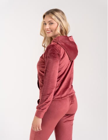 Bluzy dresowe - Bluza damska welurowa rozpinana z kapturem i kieszeniami BORDOWY - produkt 9