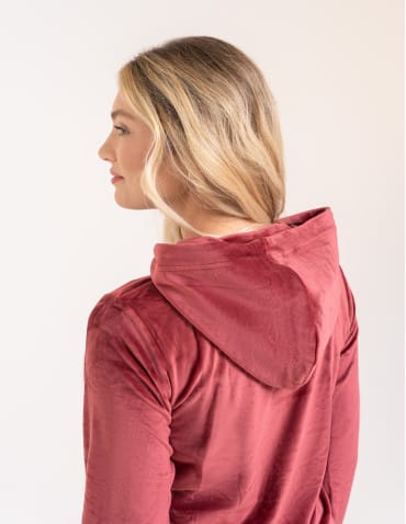 Bluzy dresowe - Bluza damska welurowa rozpinana z kapturem i kieszeniami BORDOWY - produkt 5