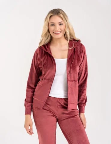 Bluzy dresowe - Bluza damska welurowa rozpinana z kapturem i kieszeniami BORDOWY - produkt 1