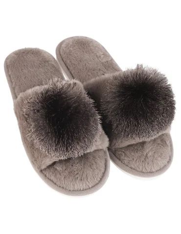 Kapcie i bambosze - Kapcie damskie klapki domowe z ozdobnym pomponem JASNY BRĄZOWY - produkt 1
