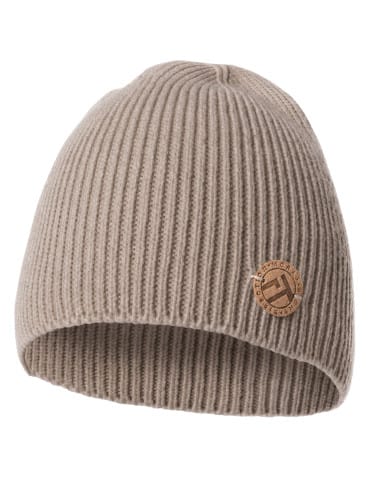 Czapki przejściowe - Prążkowana czapka damska beanie z ozdobną naszywką MOKKA - produkt 1