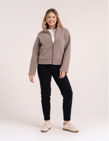 Kurtki damskie - Bluza polarowa damska sherpa baranek o kroju boxy ze stójką i kieszeniami BEŻOWY - produkt 1