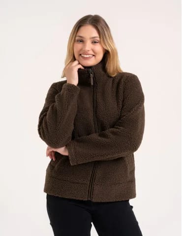 Kurtki damskie - Bluza polarowa damska sherpa baranek o kroju boxy ze stójką i kieszeniami BRĄZOWY - produkt 1