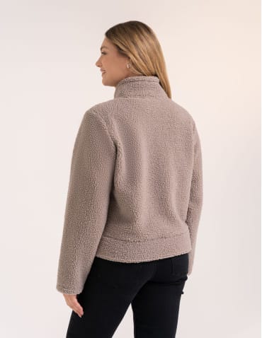 Kurtki damskie - Bluza polarowa damska sherpa baranek o kroju boxy ze stójką i kieszeniami BEŻOWY - produkt 8