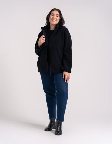 Kurtki damskie - Bluza polarowa damska sherpa baranek o kroju boxy ze stójką i kieszeniami CZARNY - produkt 8