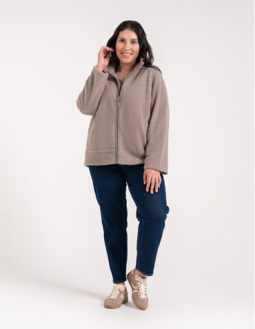 Kurtki damskie - Bluza polarowa damska sherpa baranek o kroju boxy ze stójką i kieszeniami BEŻOWY - produkt 12