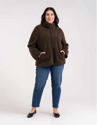 Kurtki damskie - Bluza polarowa damska sherpa baranek o kroju boxy ze stójką i kieszeniami BRĄZOWY - produkt 10