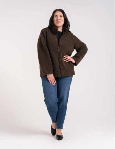 Kurtki damskie - Bluza polarowa damska sherpa baranek o kroju boxy ze stójką i kieszeniami BRĄZOWY - produkt 9