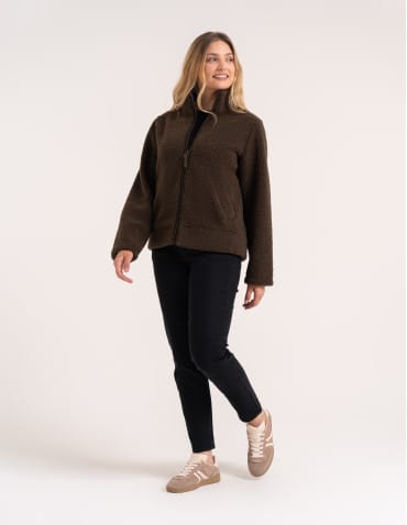 Kurtki damskie - Bluza polarowa damska sherpa baranek o kroju boxy ze stójką i kieszeniami BRĄZOWY - produkt 4