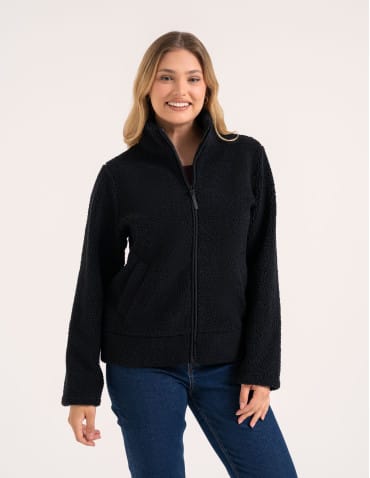 Kurtki damskie - Bluza polarowa damska sherpa baranek o kroju boxy ze stójką i kieszeniami CZARNY - produkt 7