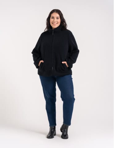 Kurtki damskie - Bluza polarowa damska sherpa baranek o kroju boxy ze stójką i kieszeniami CZARNY - produkt 11