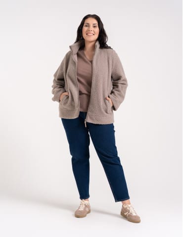 Kurtki damskie - Bluza polarowa damska sherpa baranek o kroju boxy ze stójką i kieszeniami BEŻOWY - produkt 13