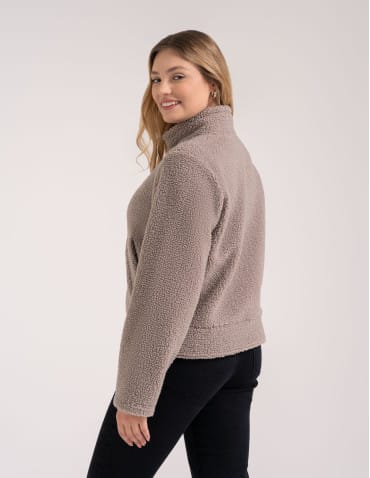 Kurtki damskie - Bluza polarowa damska sherpa baranek o kroju boxy ze stójką i kieszeniami BEŻOWY - produkt 7