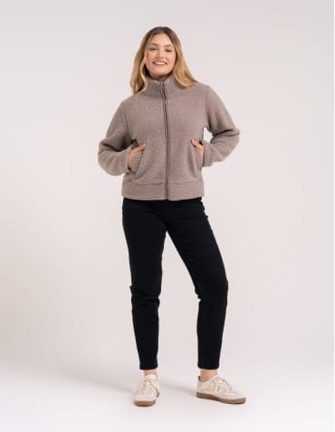 Kurtki damskie - Bluza polarowa damska sherpa baranek o kroju boxy ze stójką i kieszeniami BEŻOWY - produkt 2