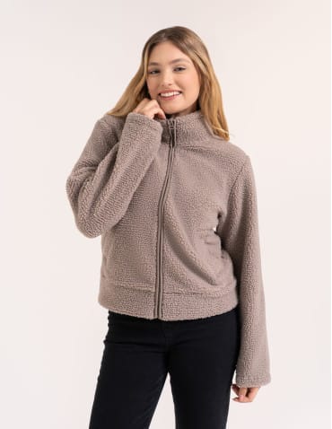 Kurtki damskie - Bluza polarowa damska sherpa baranek o kroju boxy ze stójką i kieszeniami BEŻOWY - produkt 9