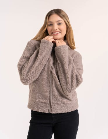 Kurtki damskie - Bluza polarowa damska sherpa baranek o kroju boxy ze stójką i kieszeniami BEŻOWY - produkt 6