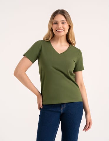 Koszulki i T-shirty - Koszulka damska bawełna Premium T-shirt dekolt w serek CIEMNY KHAKI - produkt 5
