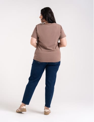 Koszulki i T-shirty - Koszulka damska bawełna Premium T-shirt dekolt w serek CIEMNY BEŻOWY - produkt 3