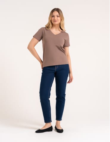 Koszulki i T-shirty - Koszulka damska bawełna Premium T-shirt dekolt w serek CIEMNY BEŻOWY - produkt 8