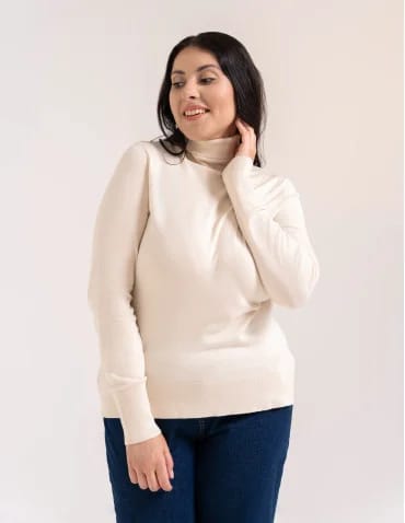 Swetry - Sweter damski golf wiskozowy klasyczny z długim rękawem KREMOWY - produkt 1