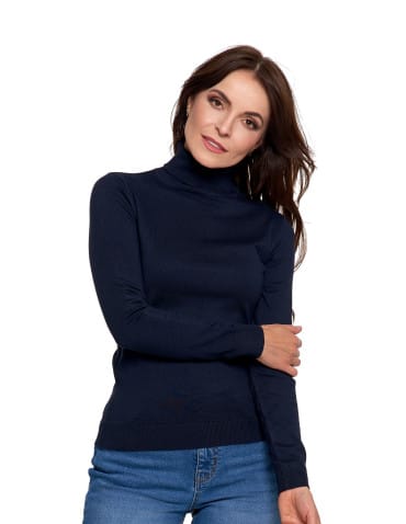 Swetry - Sweter damski golf wiskozowy klasyczny z długim rękawem GRANATOWY - produkt 7