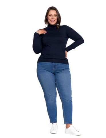 Swetry - Sweter damski golf wiskozowy klasyczny z długim rękawem GRANATOWY - produkt 15