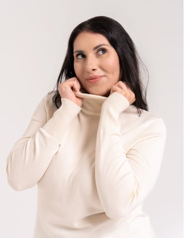 Swetry - Sweter damski golf wiskozowy klasyczny z długim rękawem KREMOWY - produkt 2