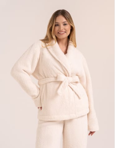 Ciepła piżama damska wygodny komplet pluszowy z wiązanym kimono - KREMOWY  - produkt 2