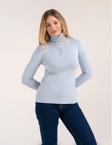 Swetry - Sweter damski golf wiskozowy klasyczny z długim rękawem JASNY NIEBIESKI  - produkt 1