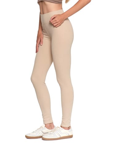 Legginsy damskie - Wygodne legginsy damskie prążkowane z wysokim stanem bezuciskowe BEŻOWY - produkt 2