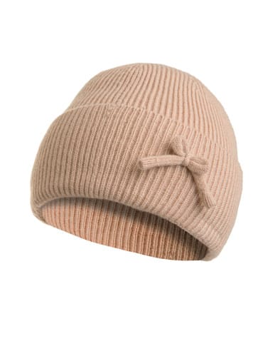 Czapki zimowe - Czapka damska prążkowana beanie z kokardką ciepła czapka na zimę BEŻOWY - produkt 1