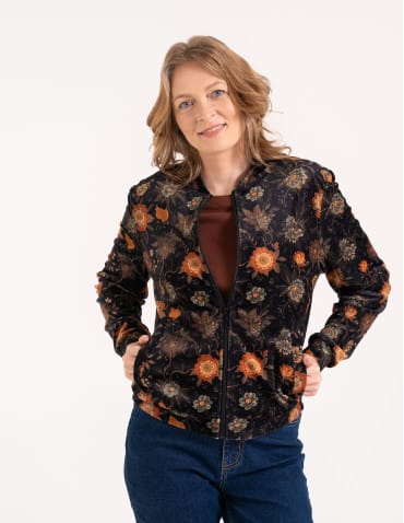 Bluza welurowa damska rozpinana bomberka w kwiatowy print - WZÓR 1