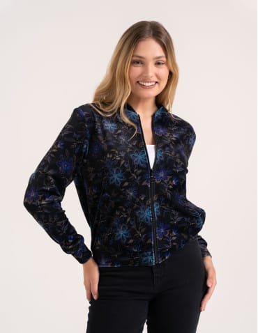 Bluzy damskie - Bluza welurowa damska rozpinana bomberka w kwiatowy print WZÓR 2 - produkt 1