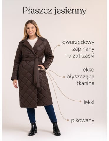 Kurtki damskie - Płaszcz damski pikowany z paskiem satynowy długi BRĄZOWY - produkt 15