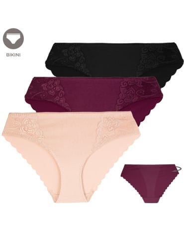 Majtki damskie figi bikini z koronkowymi wstawkami zestaw 3-pak - WIELOKOLOROWY