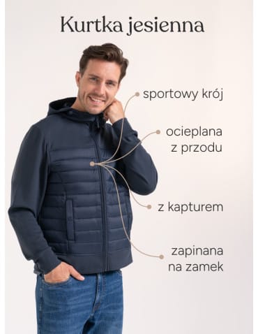 Kurtki męskie - Męska kurtka przejściowa hybrydowa ocieplana watoliną i regulowanym kapturem GRANATOWY - produkt 3