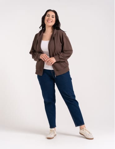 Bluzy dresowe - Bluza damska bawełniana z kapturem rozpinana wygodna o kroju boxy BRĄZOWY - produkt 8